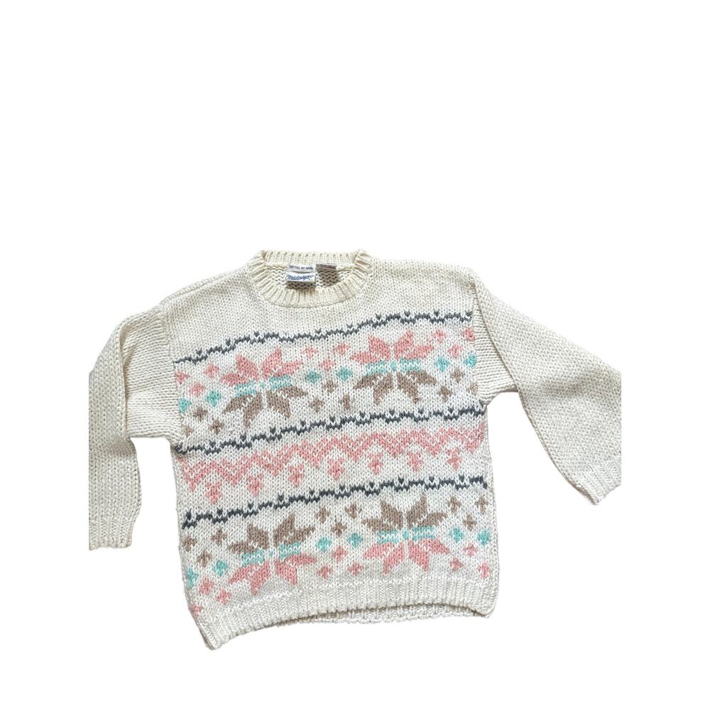 Vintage Midnight Blue Hand Knit Fair Isle Sweater Cream Pink Nordic 80s S M